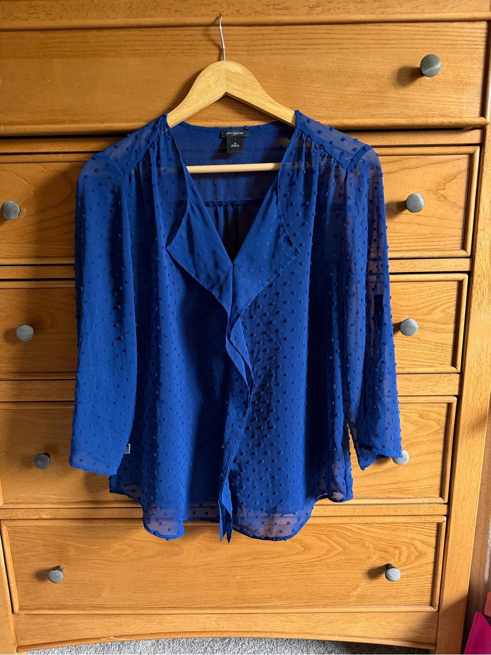 Ann Taylor Blue Swiss Dot Sheer V Neck 3/4 Sleeve Womens Top M Cascading Lapel